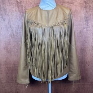 Colleen Lopez brown faux leather collarless fringe jacket XXS boho western